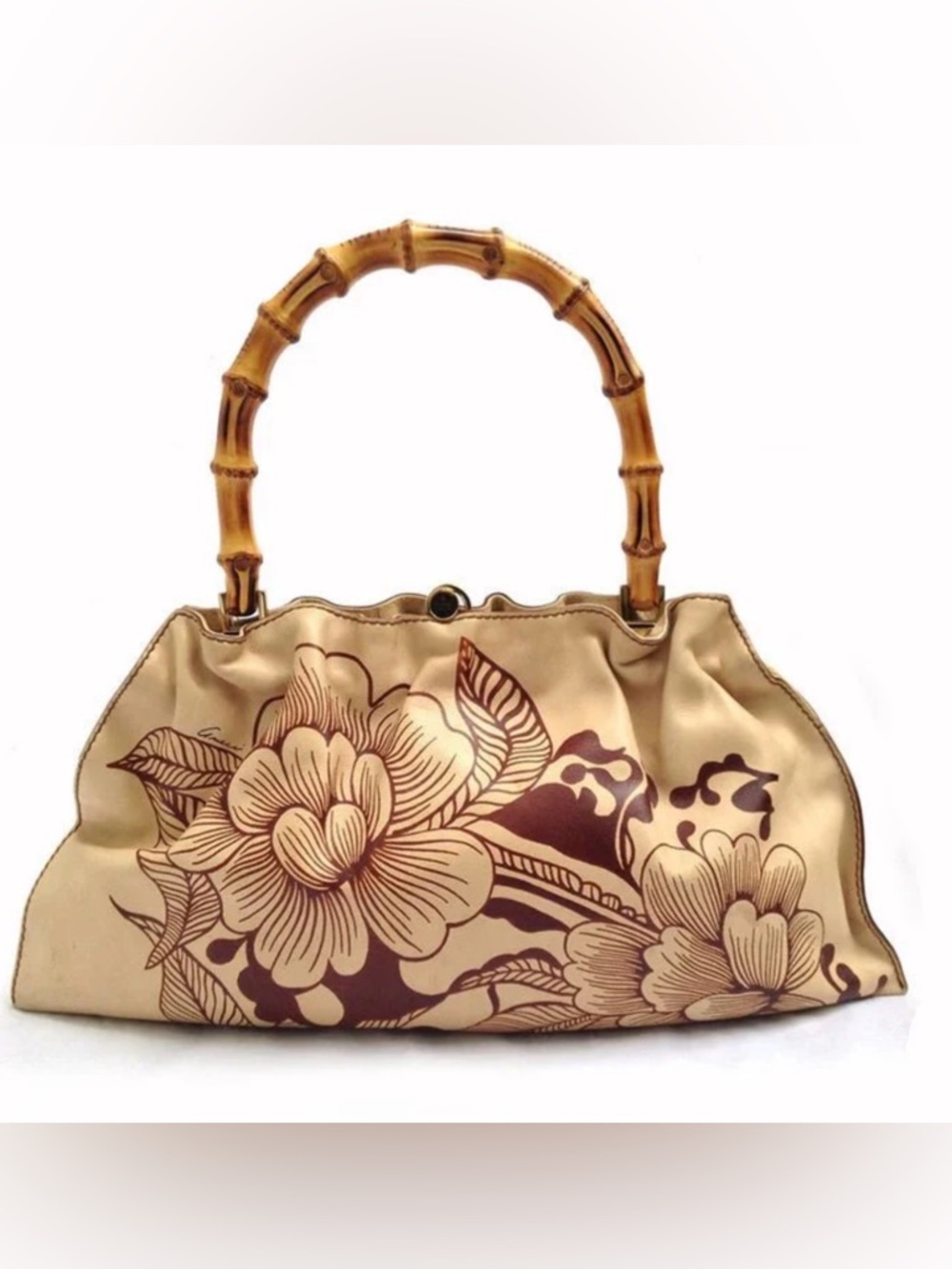 Tom Ford For Gucci Bamboo Handle Tan Leather Bag W/ Tattooed Floral Print EUC